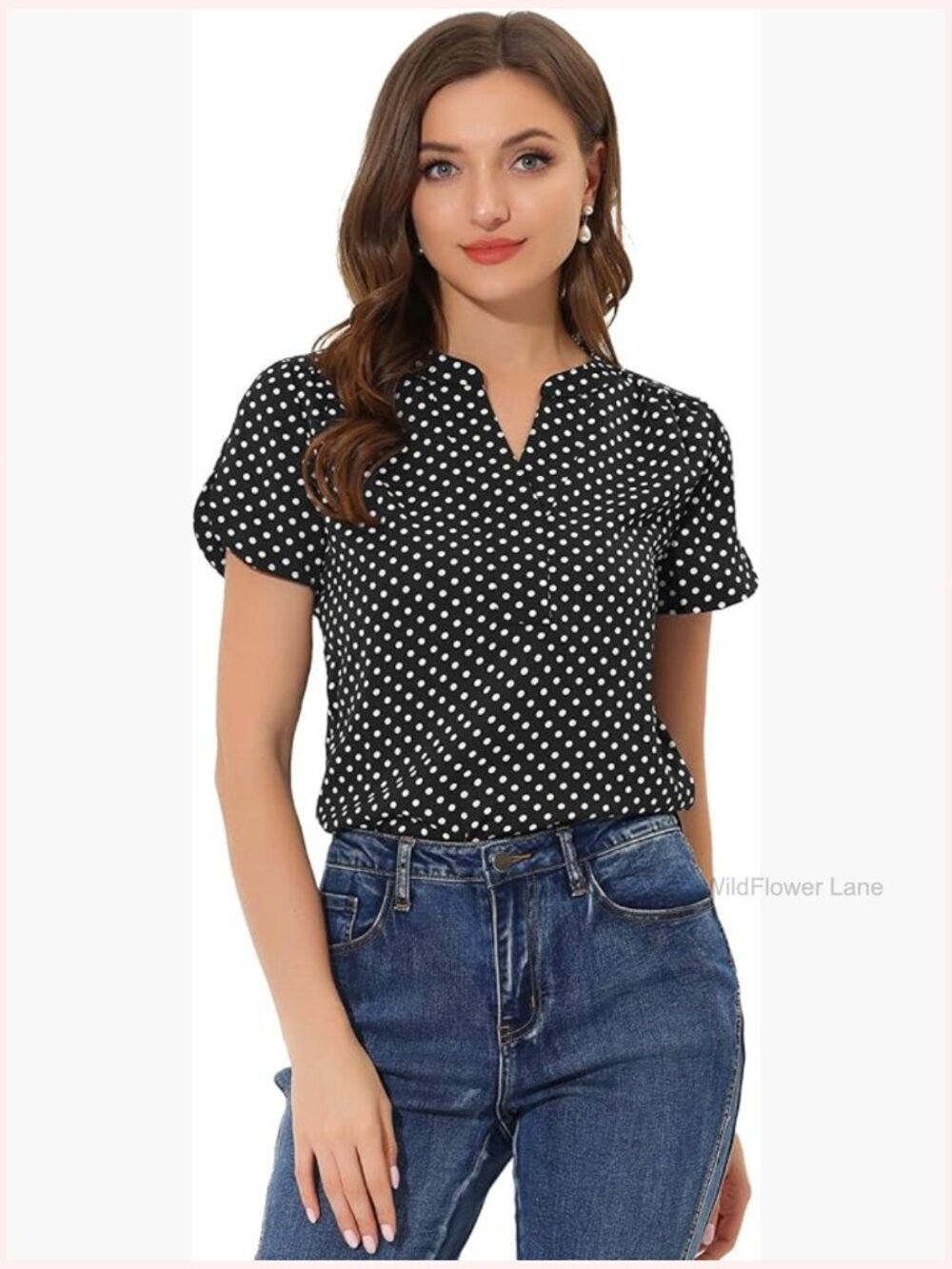 V Neck Polka Dot Blouse with Short Sleeves